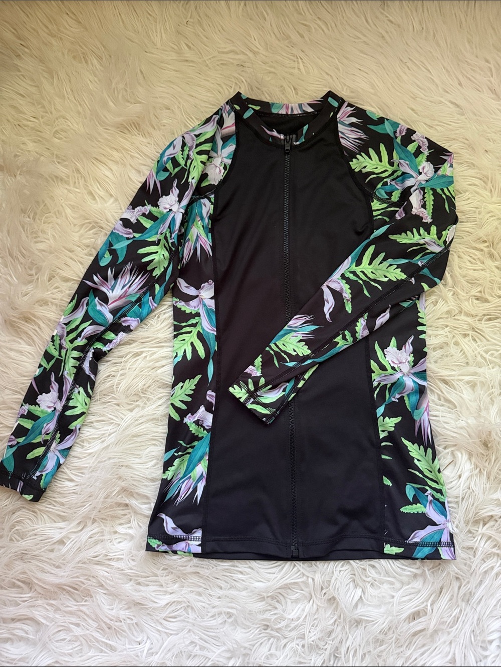 Women's Black Long-Sleeve Swim Coverup Rash Guard with Tropical Green Print